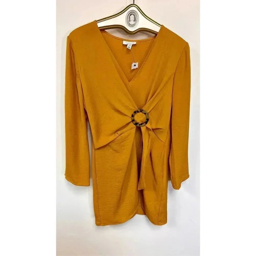 New TopShop Womens Dress Gold Yellow Draped Horn O Ring Long Sleeve Mini Size 10